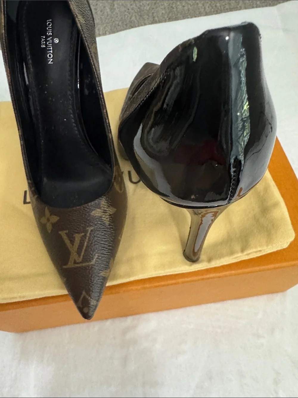 Louis Vuitton Monogram Cherie Pumps Black Brown Monogram Pointed-Toe Pumps Sz 38